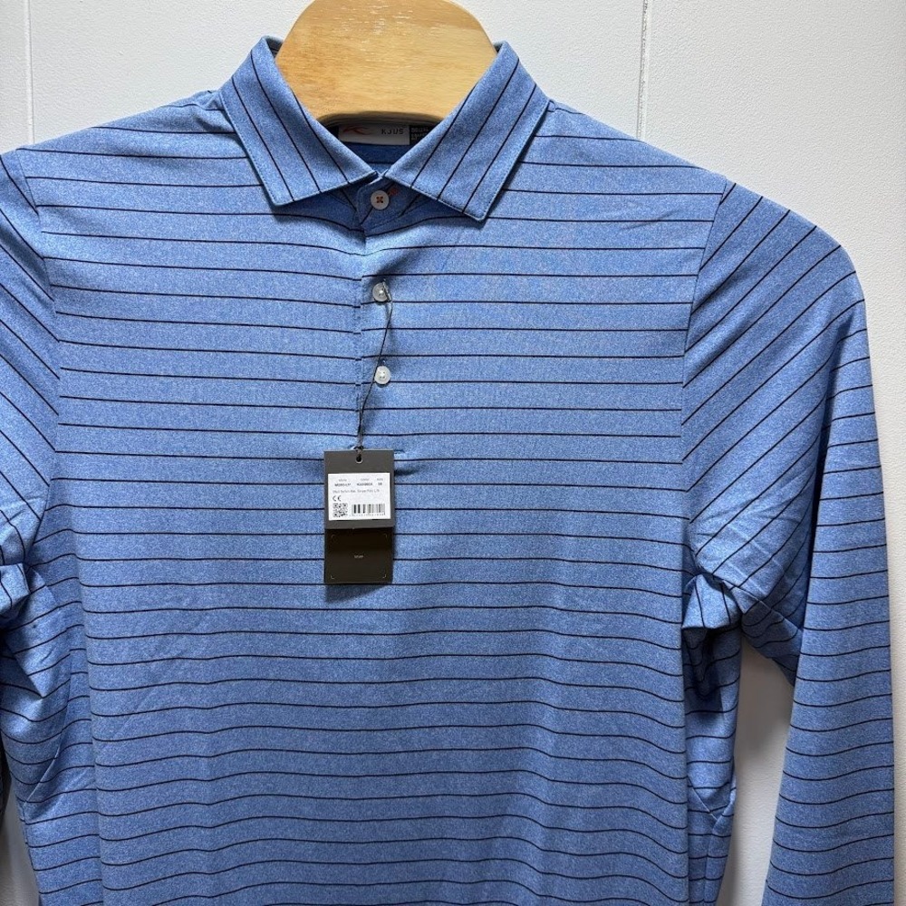KJUS Soren Melange Stripe Polo LS Blue Black Mens 56 2XL MG60-L17 Golf Shirt NEW